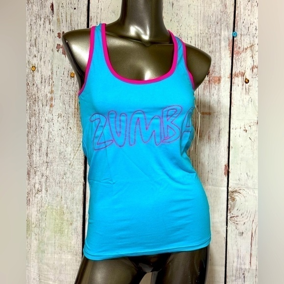 ZUMBA FITNESS sporty stretchy black tank top Blue “Join the Party” Large NWT - Picture 1 of 8